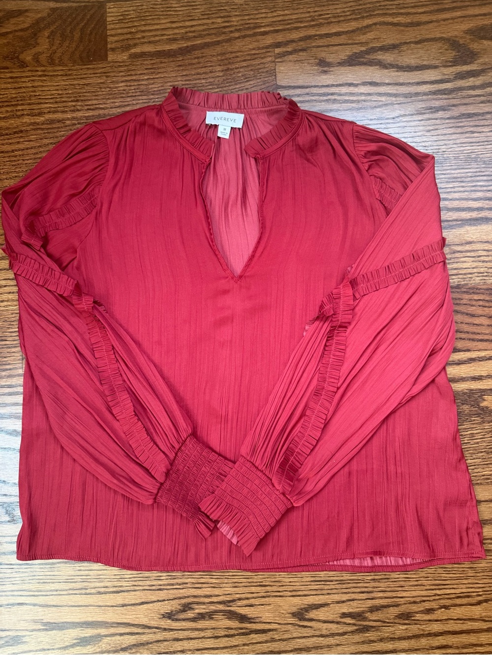 Evereve Ruby Red Pleated Keyhole Ruffle Blouse